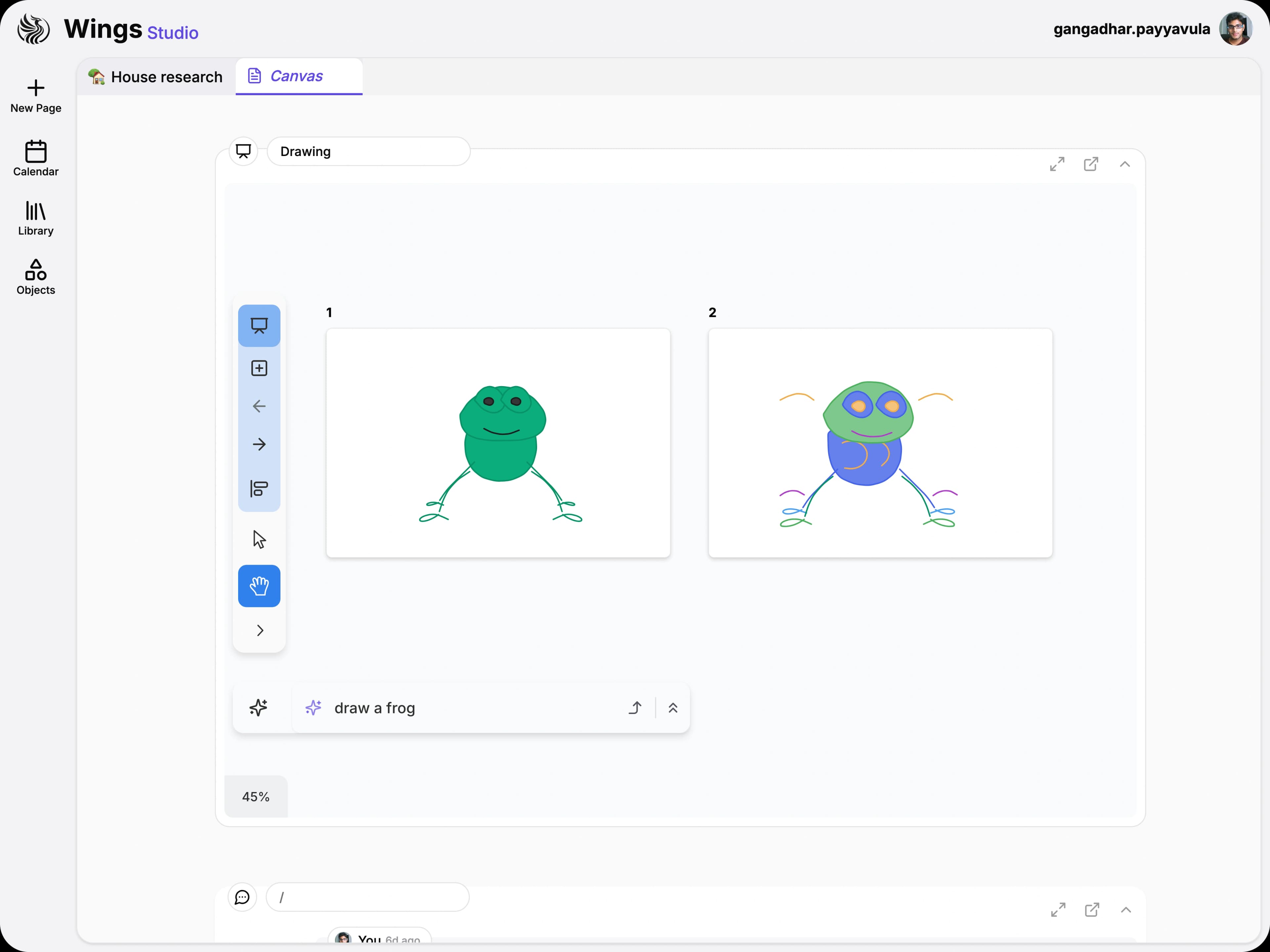 Canvas with AI-generated frog sketches from a 'draw a frog' prompt