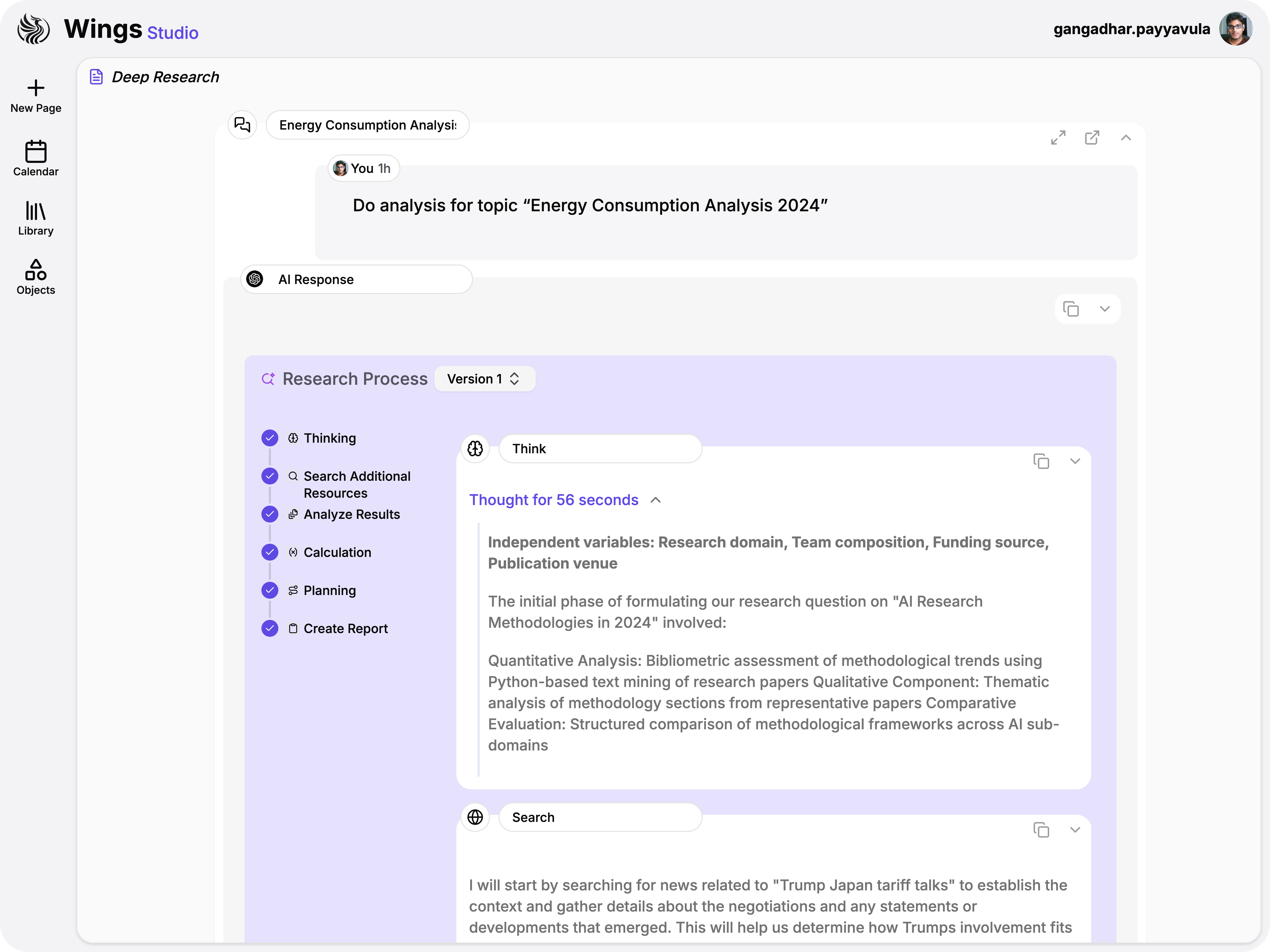 Deep research card with AI-powered topic research interface