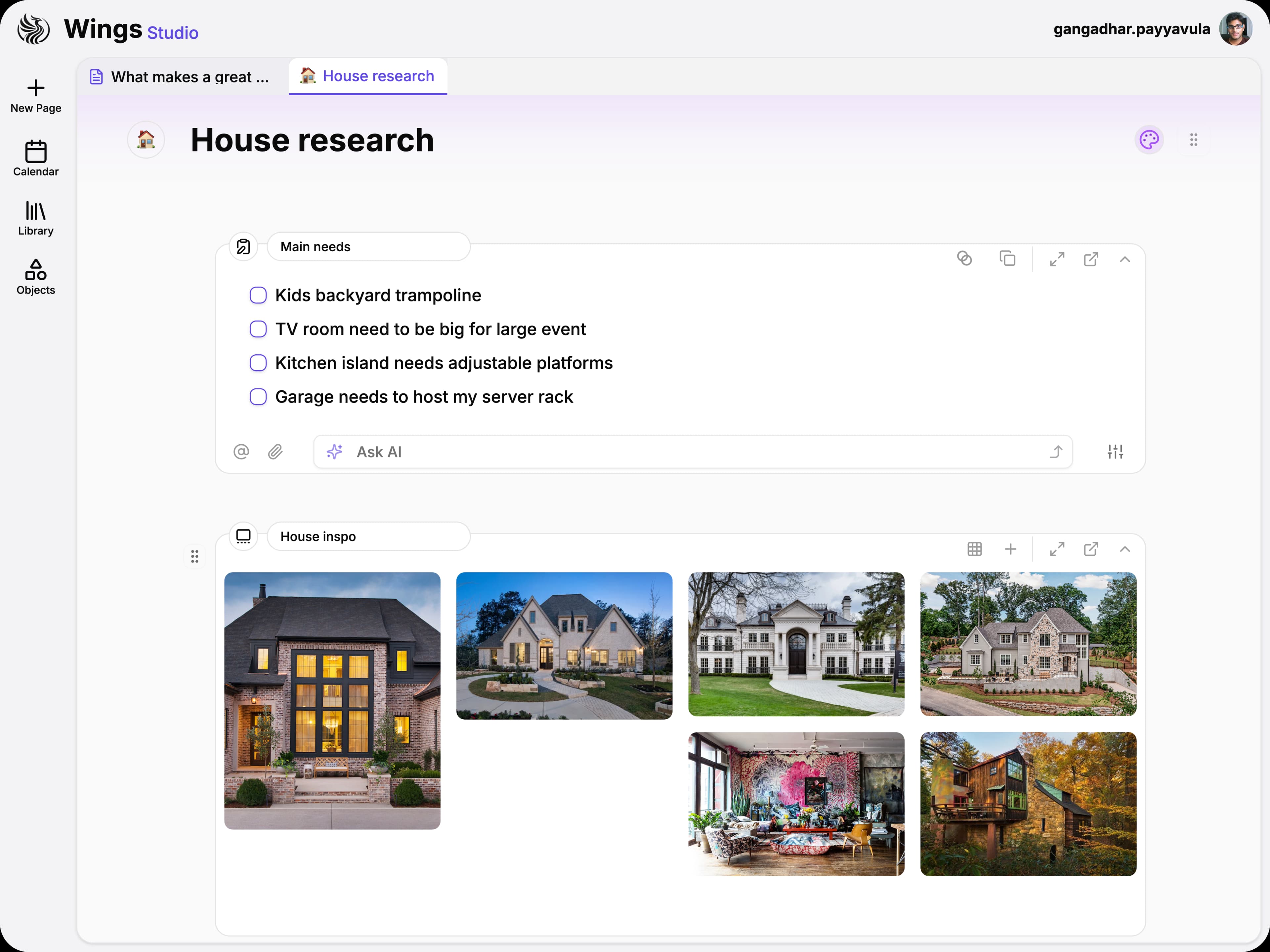 Workspace page with a checklist on top and an image gallery below