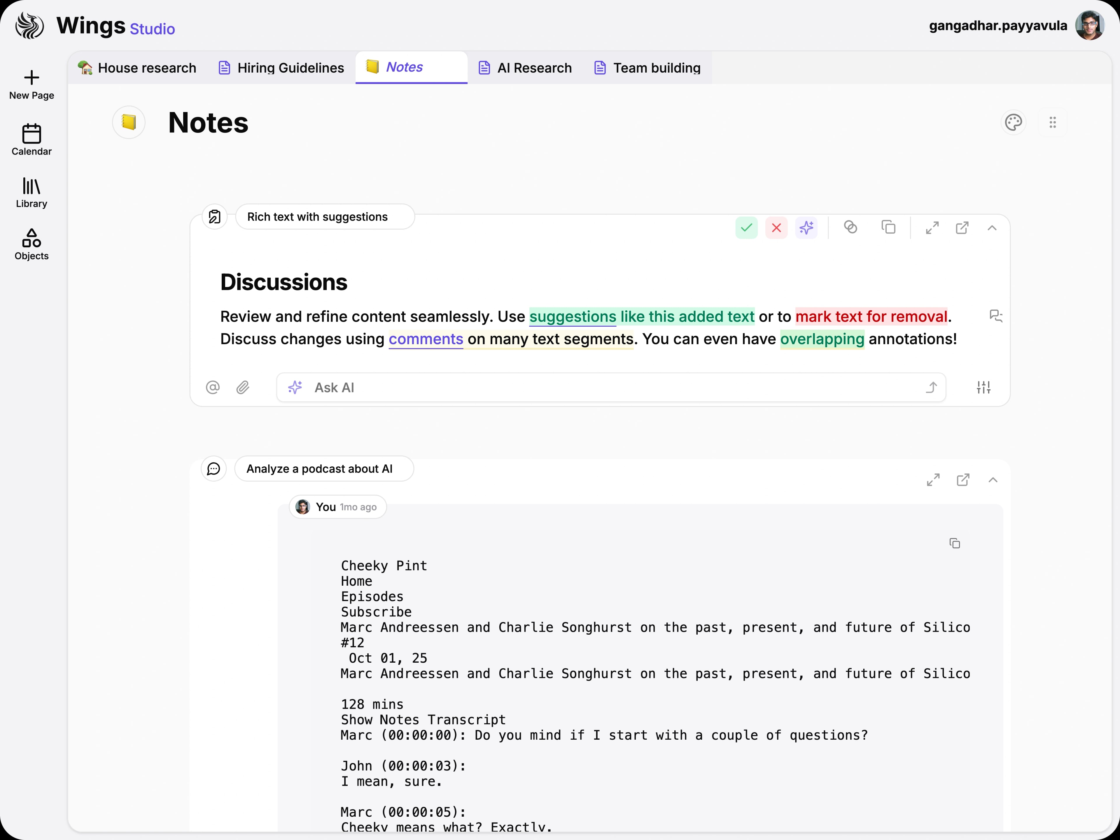 Notes view with suggestion highlights, comments, and an AI-powered transcript card
