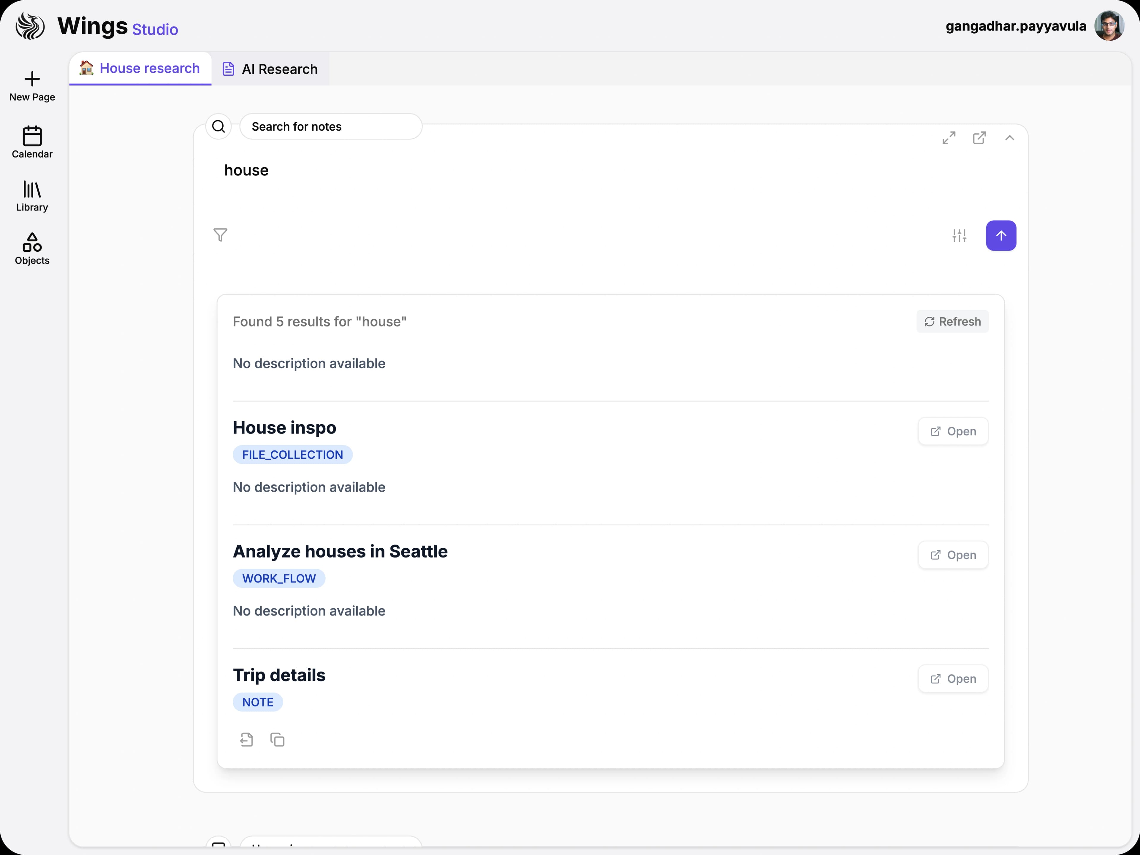 Workspace search interface with filters on the side and result cards
