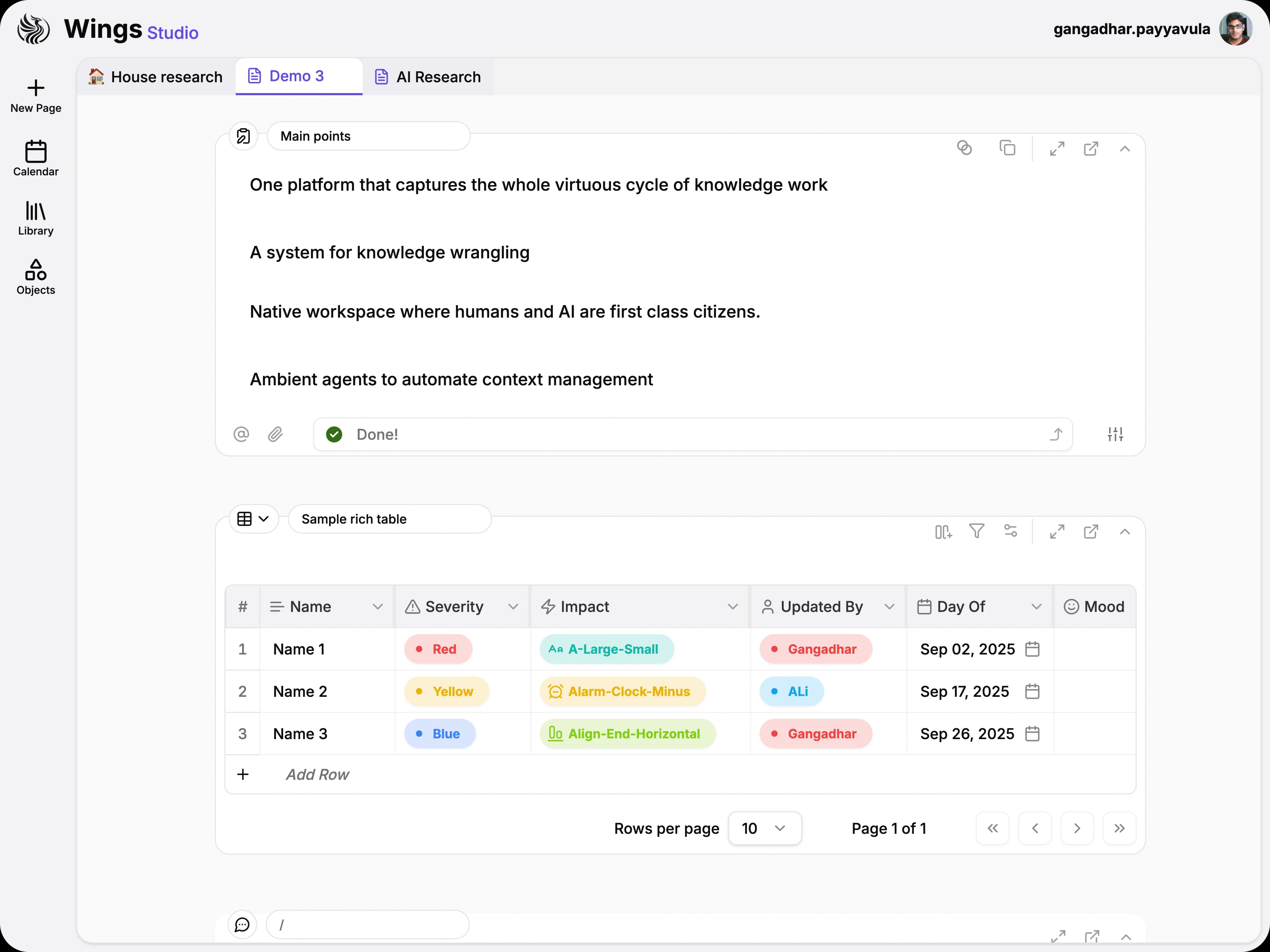 Rich execution table with colored chips, assignees, and date columns