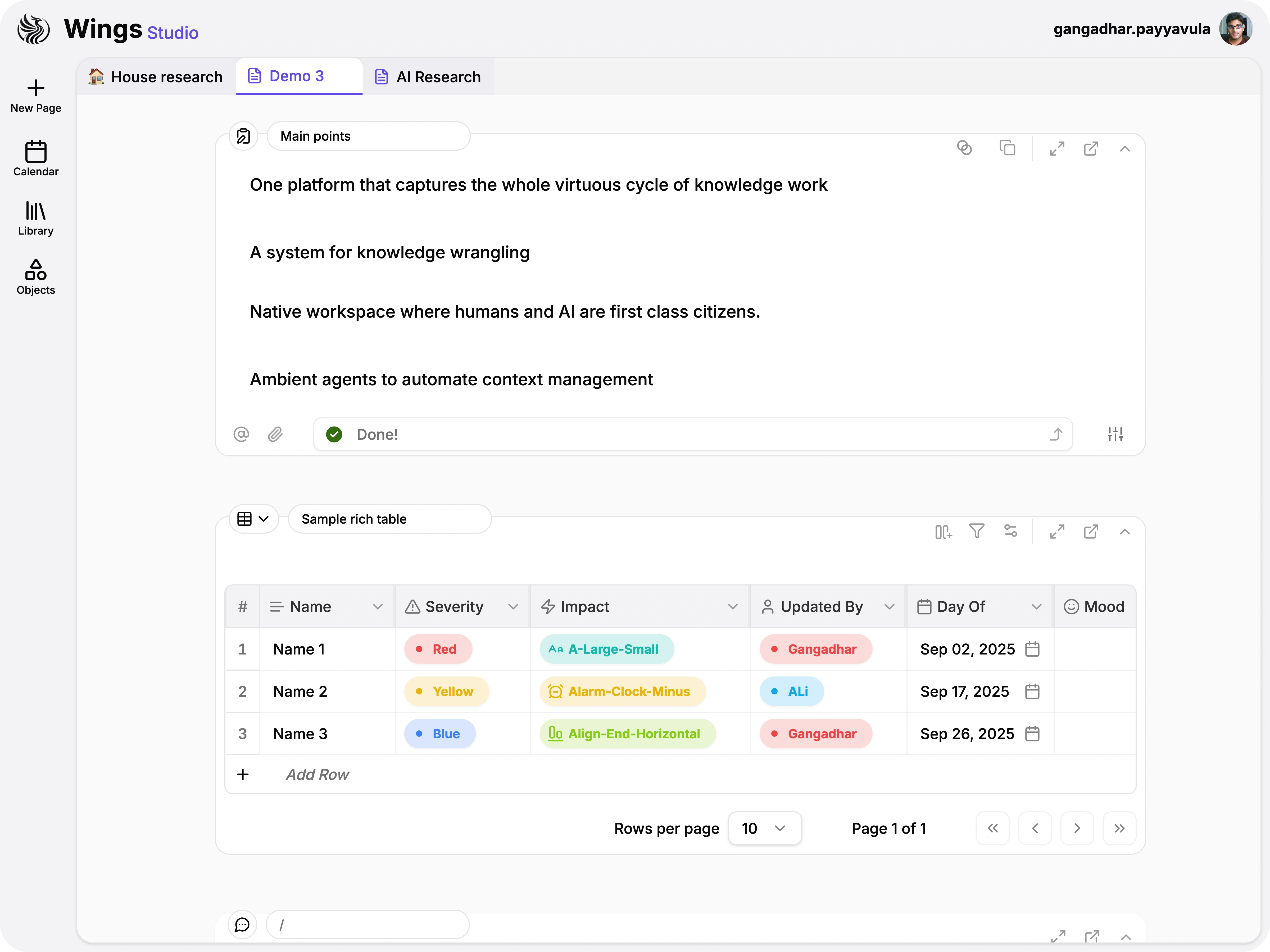Rich table with colored chips, user column, and date fields